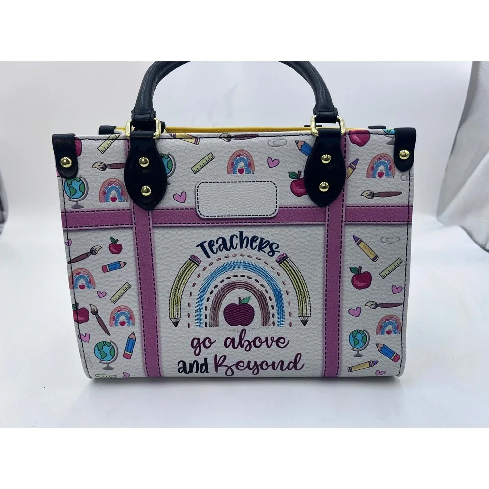 Teachers Go Above and Beyond Satchel Handbag White School Print Crossbody Bag‎